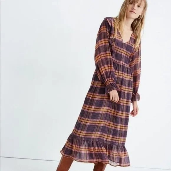 Madewell Sheer Plaid Long Sleeve Ruffle Midi Dress - Picture 2 of 6